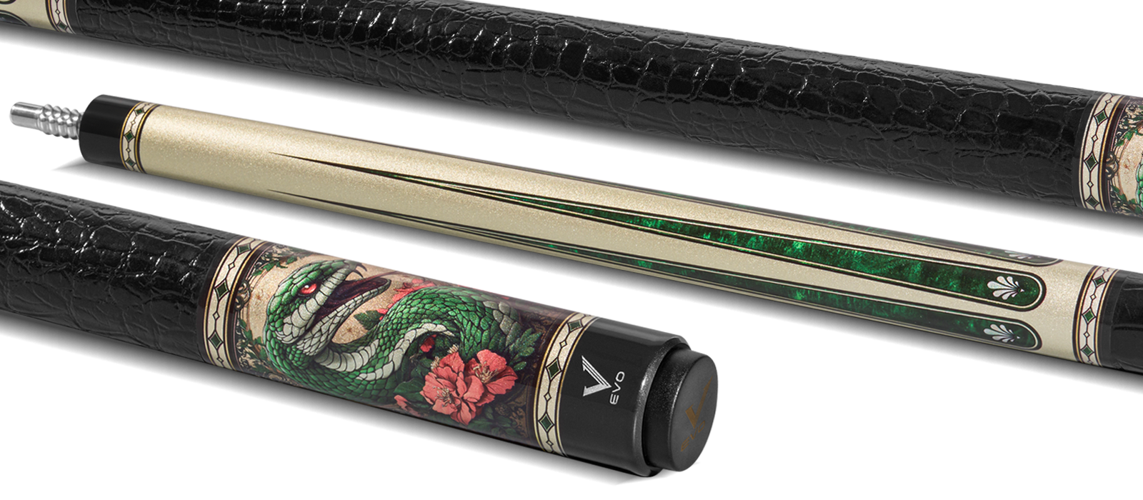 EVO BEAST POOL CUE - EMERALD COBRA - LEATHER WRAP - Desktop Image