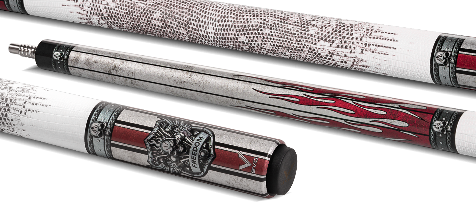 EVO FREEDOM POOL CUE - CRIMSON FLAME - WHITE LEATHER WRAP - Desktop Image