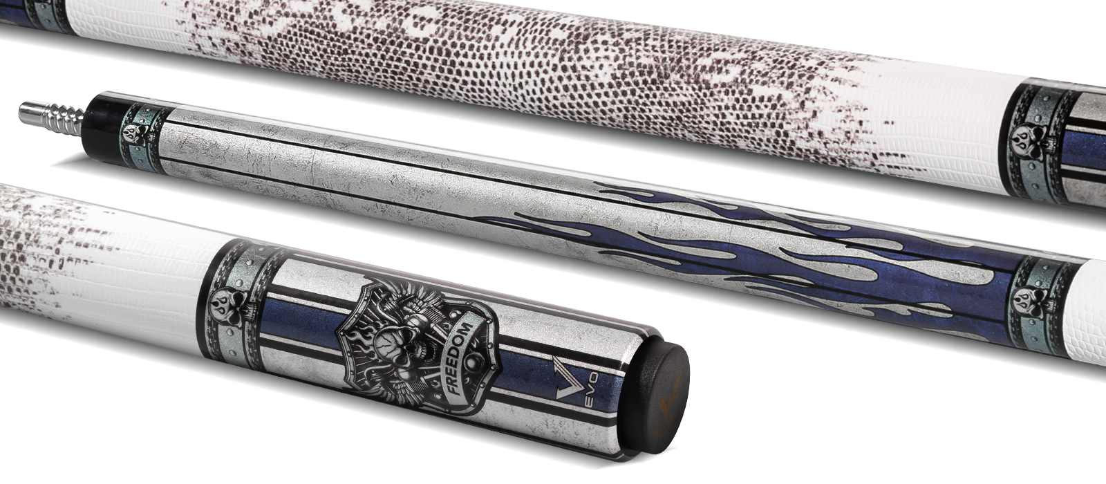 EVO FREEDOM POOL CUE - AZURE FLAME - WHITE LEATHER WRAP - Desktop Image