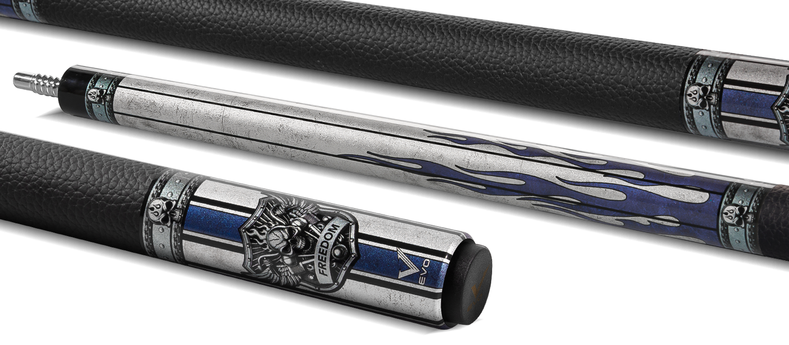 EVO FREEDOM POOL CUE - AZURE FLAME - BLACK LEATHER WRAP - Desktop Image