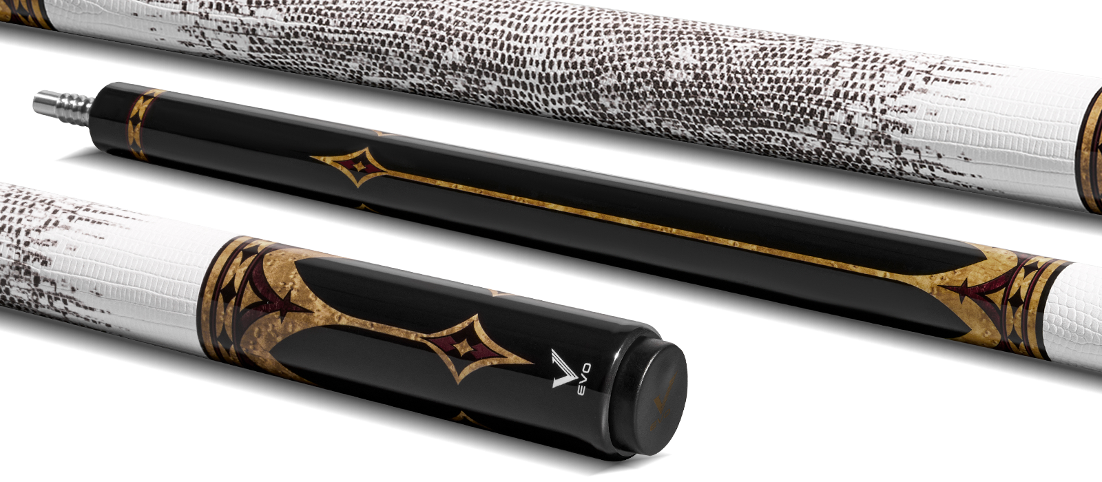 EVO CROWN POOL CUE - ROYAL BLACK - WHITE LEATHER WRAP - Desktop Image