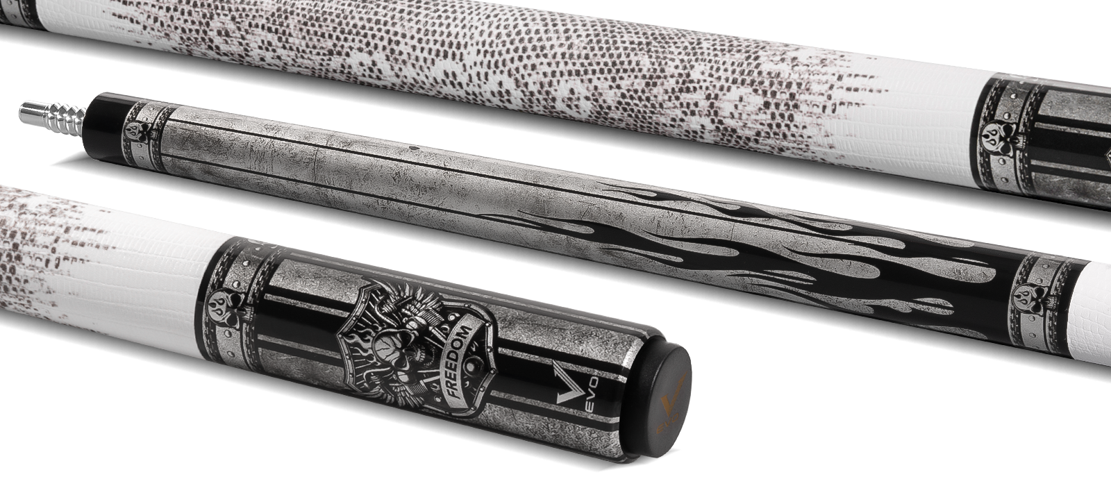 EVO FREEDOM POOL CUE - SHADOW FLAME - WHITE LEATHER WRAP - Desktop Image