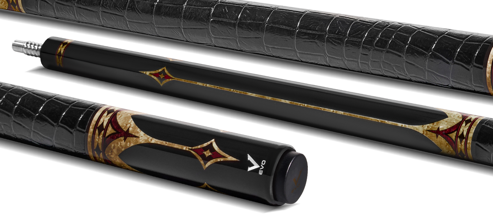 EVO CROWN POOL CUE - ROYAL BLACK - BLACK LEATHER WRAP - Desktop Image