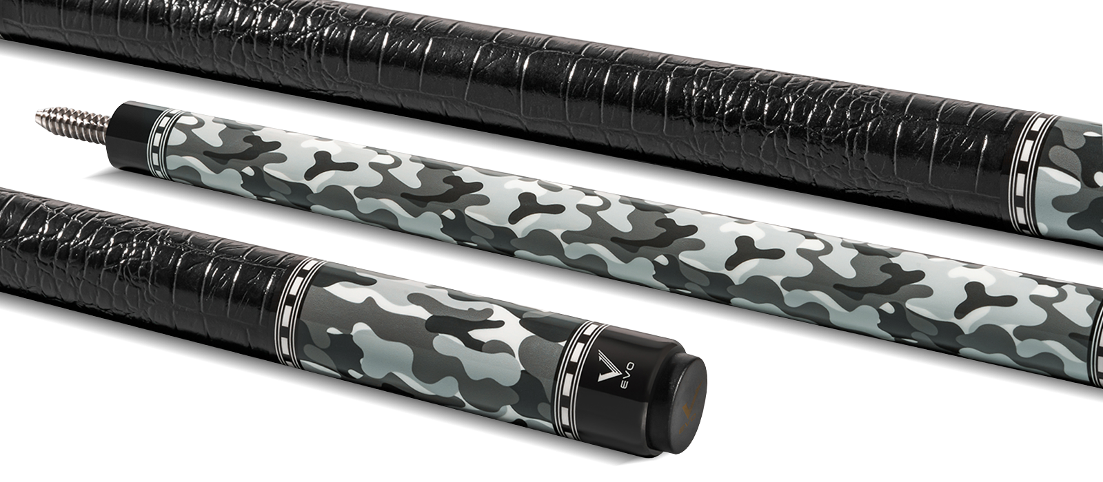 EVO CAMO POOL CUE - GHOST - LEATHER WRAP - Desktop Image