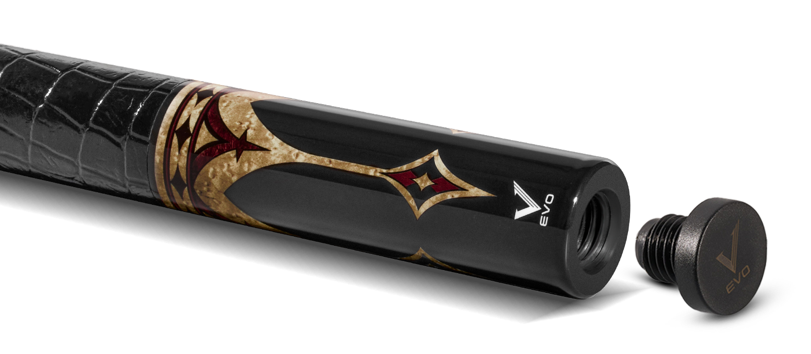 EVO CROWN POOL CUE - ROYAL BLACK - BLACK LEATHER WRAP - Desktop Image