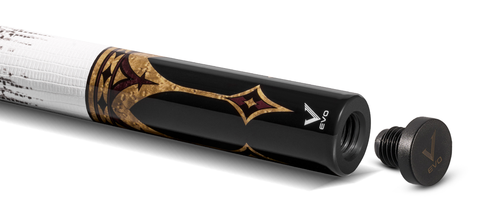EVO CROWN POOL CUE - ROYAL BLACK - WHITE LEATHER WRAP - Desktop Image
