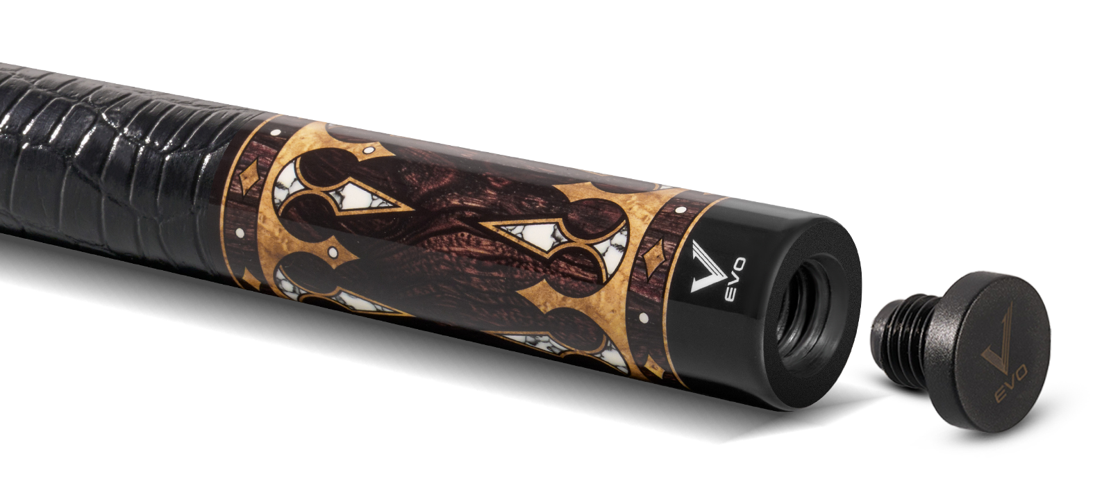 EVO CROWN POOL CUE - ANCIENT OAK - LEATHER WRAP - Desktop Image
