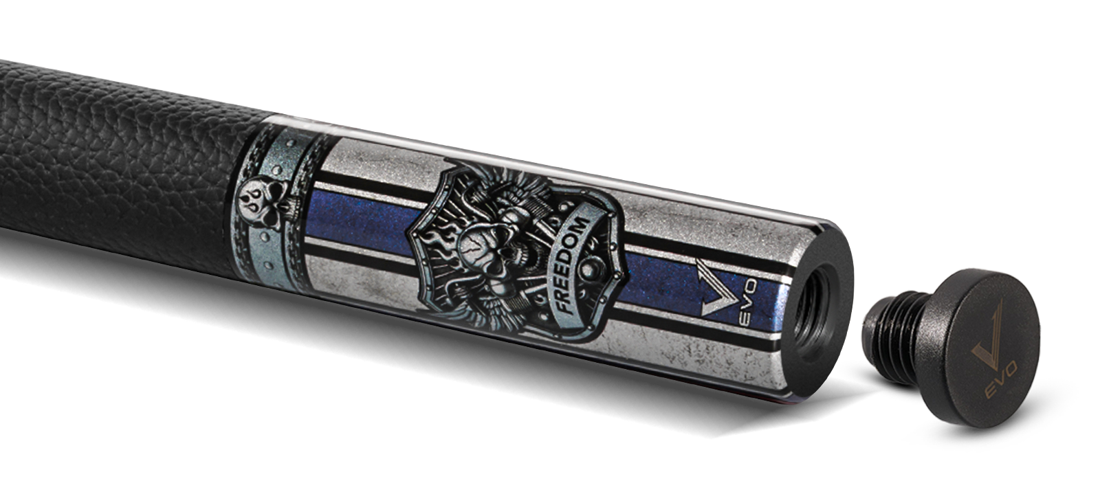 EVO FREEDOM POOL CUE - AZURE FLAME - BLACK LEATHER WRAP - Desktop Image