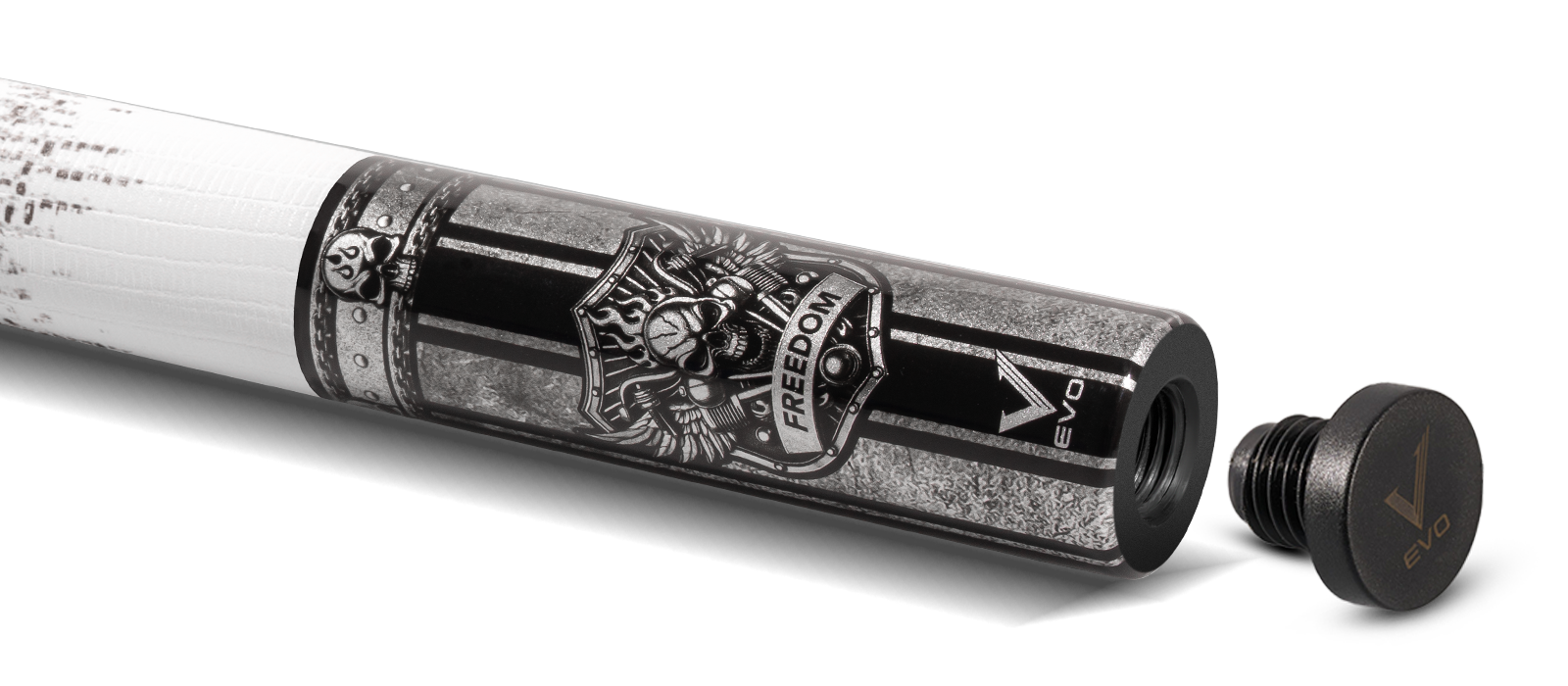 EVO FREEDOM POOL CUE - SHADOW FLAME - WHITE LEATHER WRAP - Desktop Image