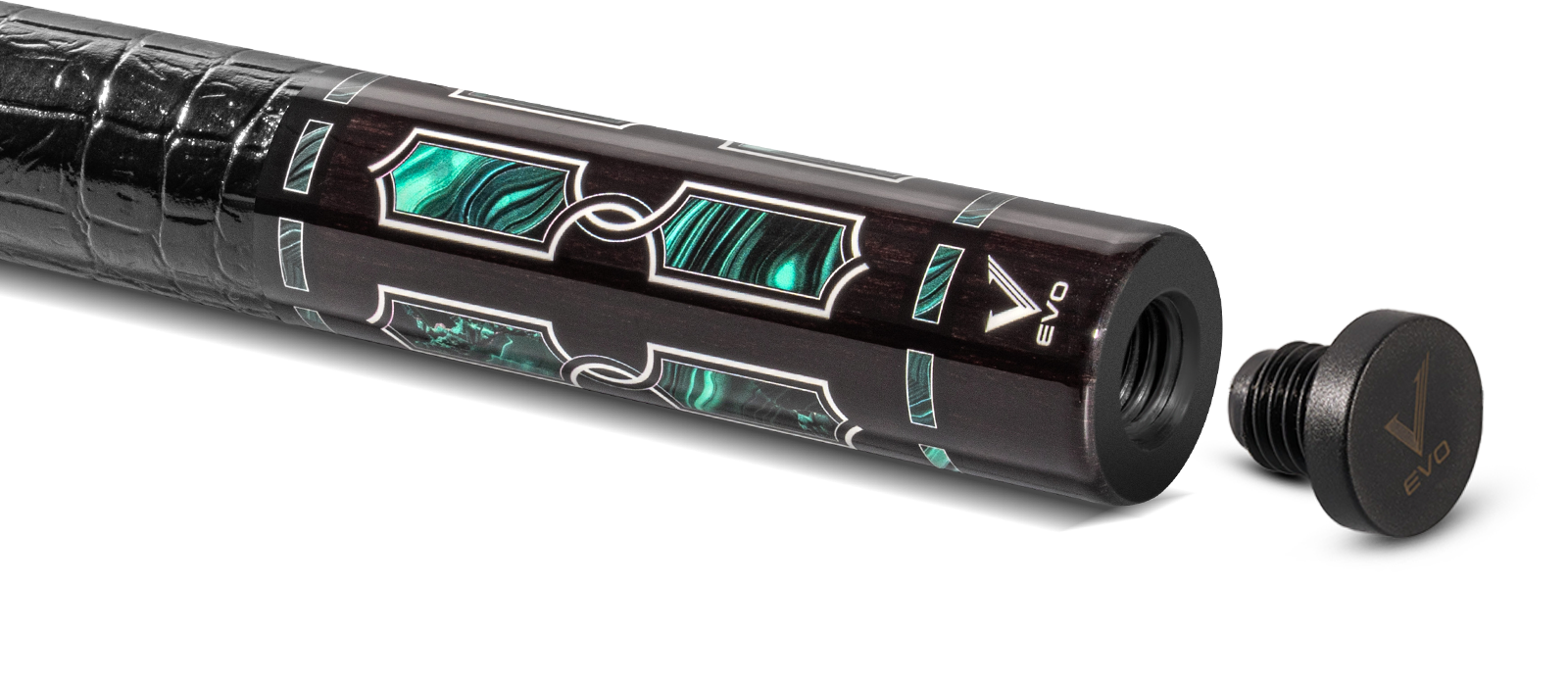 EVO LUNA POOL CUE - MALACHITE ECLIPSE - LEATHER WRAP - Desktop Image