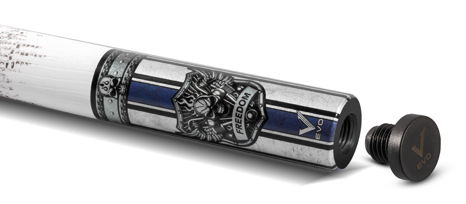 EVO FREEDOM POOL CUE - AZURE FLAME - WHITE LEATHER WRAP - Desktop Image