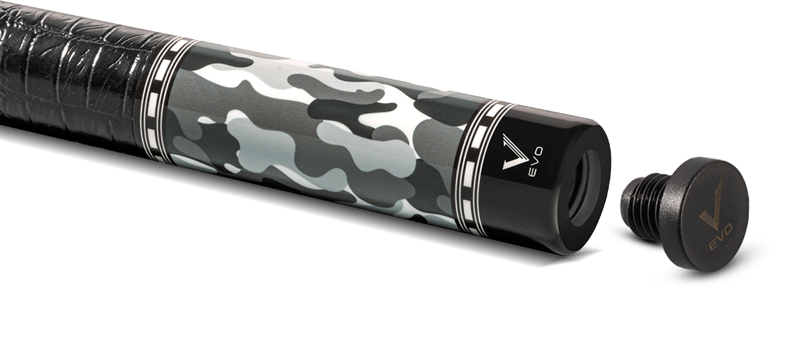 EVO CAMO POOL CUE - GHOST - LEATHER WRAP - Desktop Image