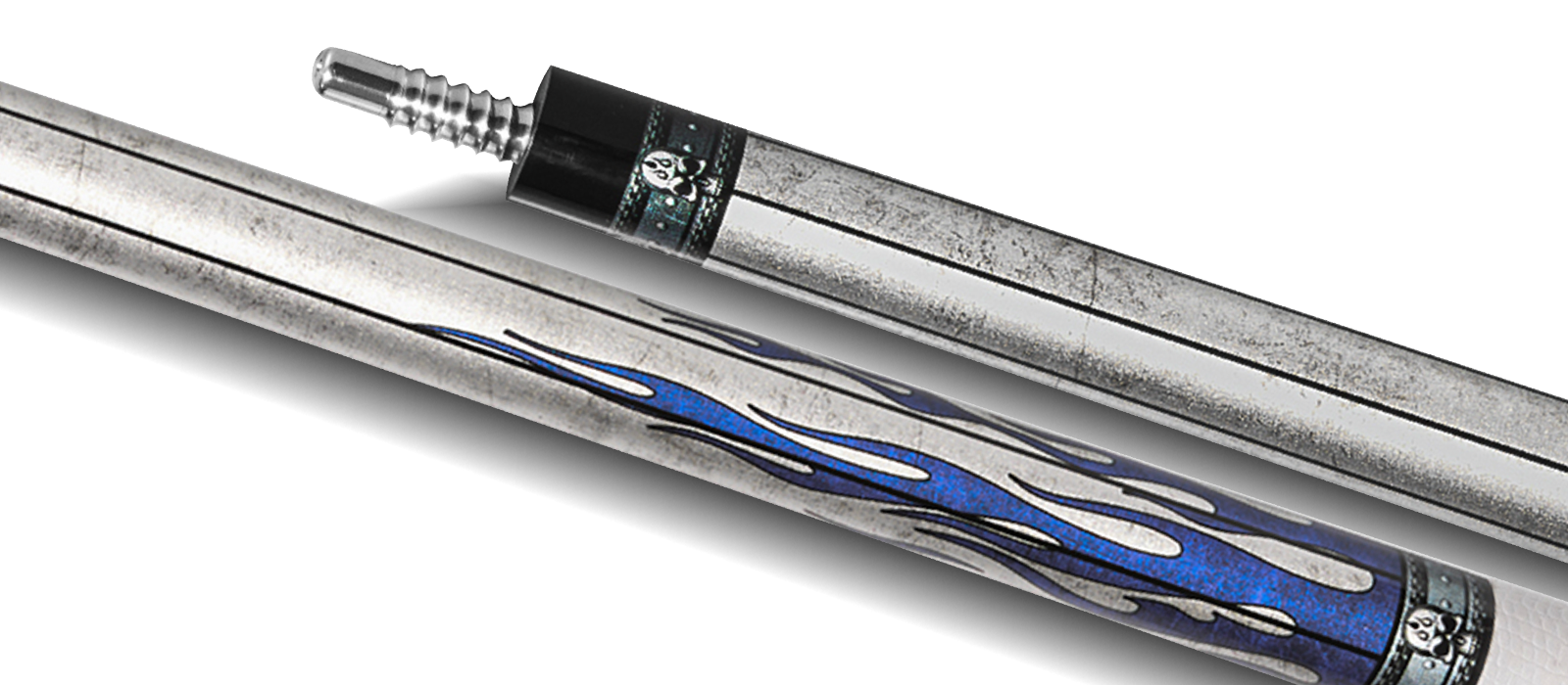 EVO FREEDOM POOL CUE - AZURE FLAME - WHITE LEATHER WRAP - Desktop Image
