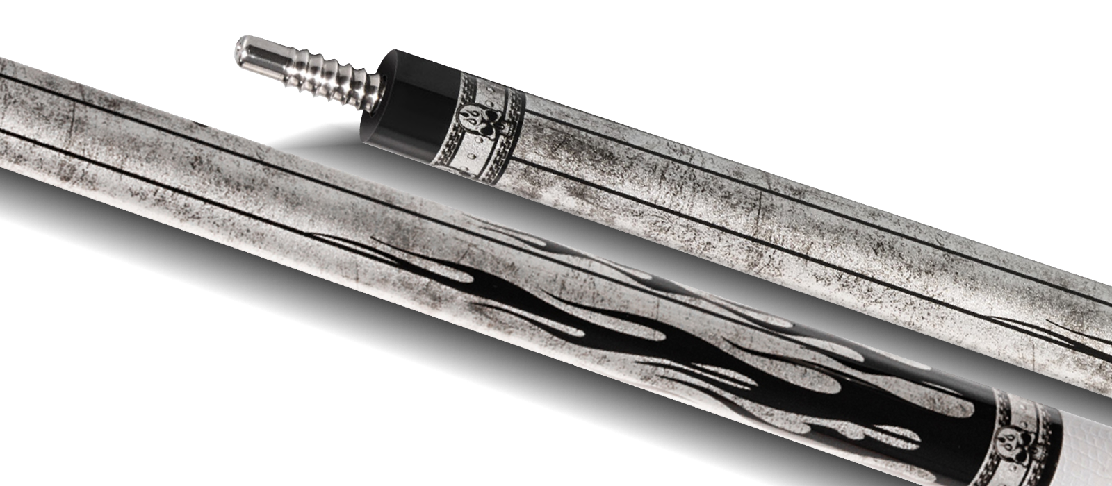 EVO FREEDOM POOL CUE - SHADOW FLAME - WHITE LEATHER WRAP - Desktop Image