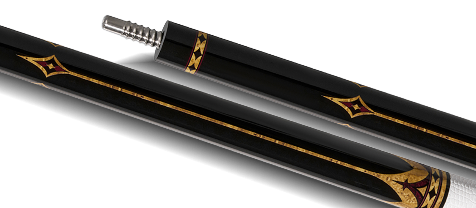 EVO CROWN POOL CUE - ROYAL BLACK - WHITE LEATHER WRAP - Desktop Image