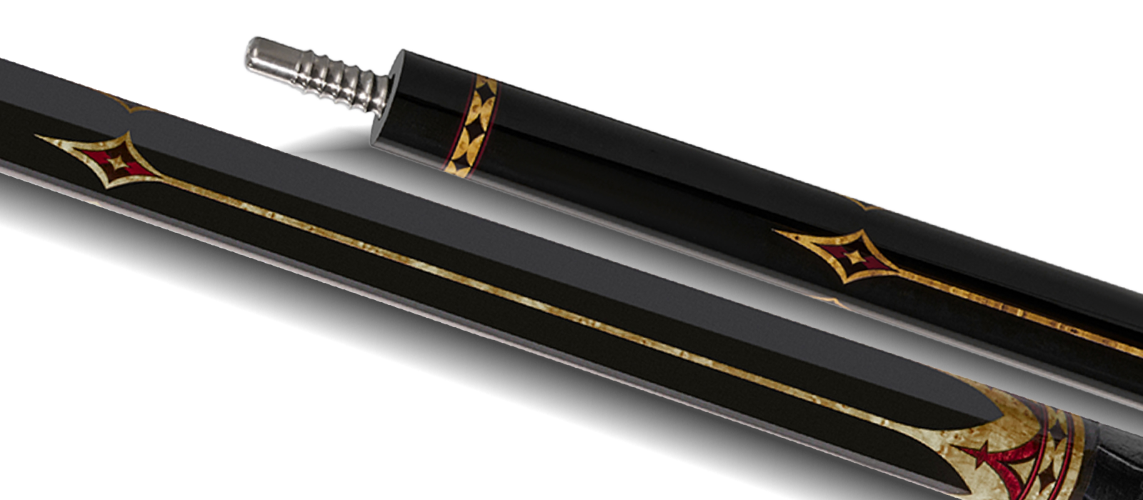 EVO CROWN POOL CUE - ROYAL BLACK - BLACK LEATHER WRAP - Desktop Image