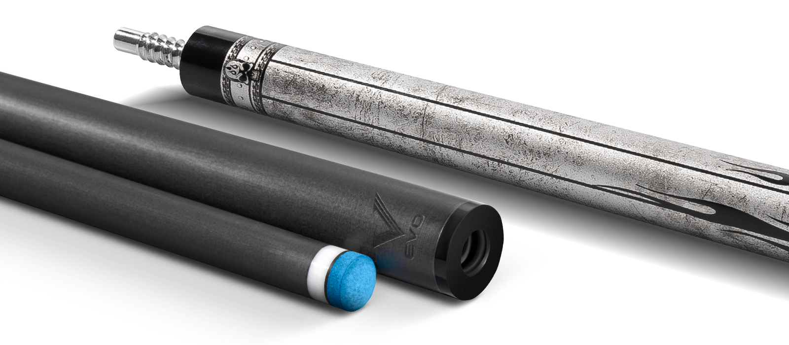EVO FREEDOM POOL CUE - SHADOW FLAME - WHITE LEATHER WRAP - Desktop Image
