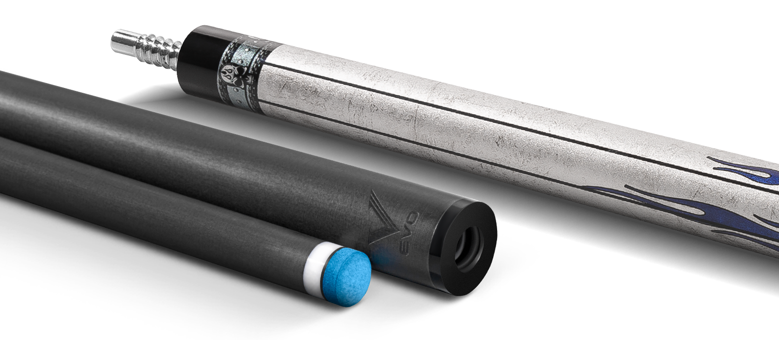 EVO FREEDOM POOL CUE - AZURE FLAME - BLACK LEATHER WRAP - Desktop Image
