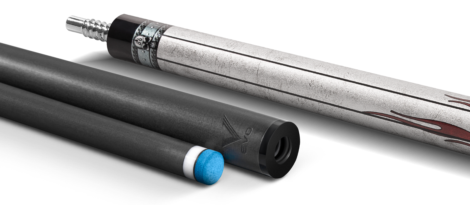 EVO FREEDOM POOL CUE - CRIMSON FLAME - BLACK LEATHER WRAP - Desktop Image