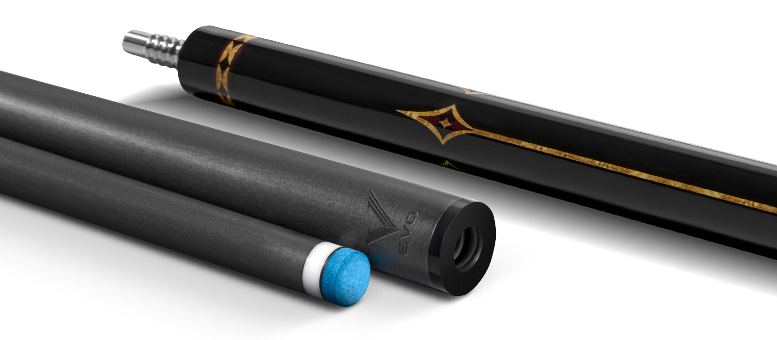 EVO CROWN POOL CUE - ROYAL BLACK - BLACK LEATHER WRAP - Desktop Image