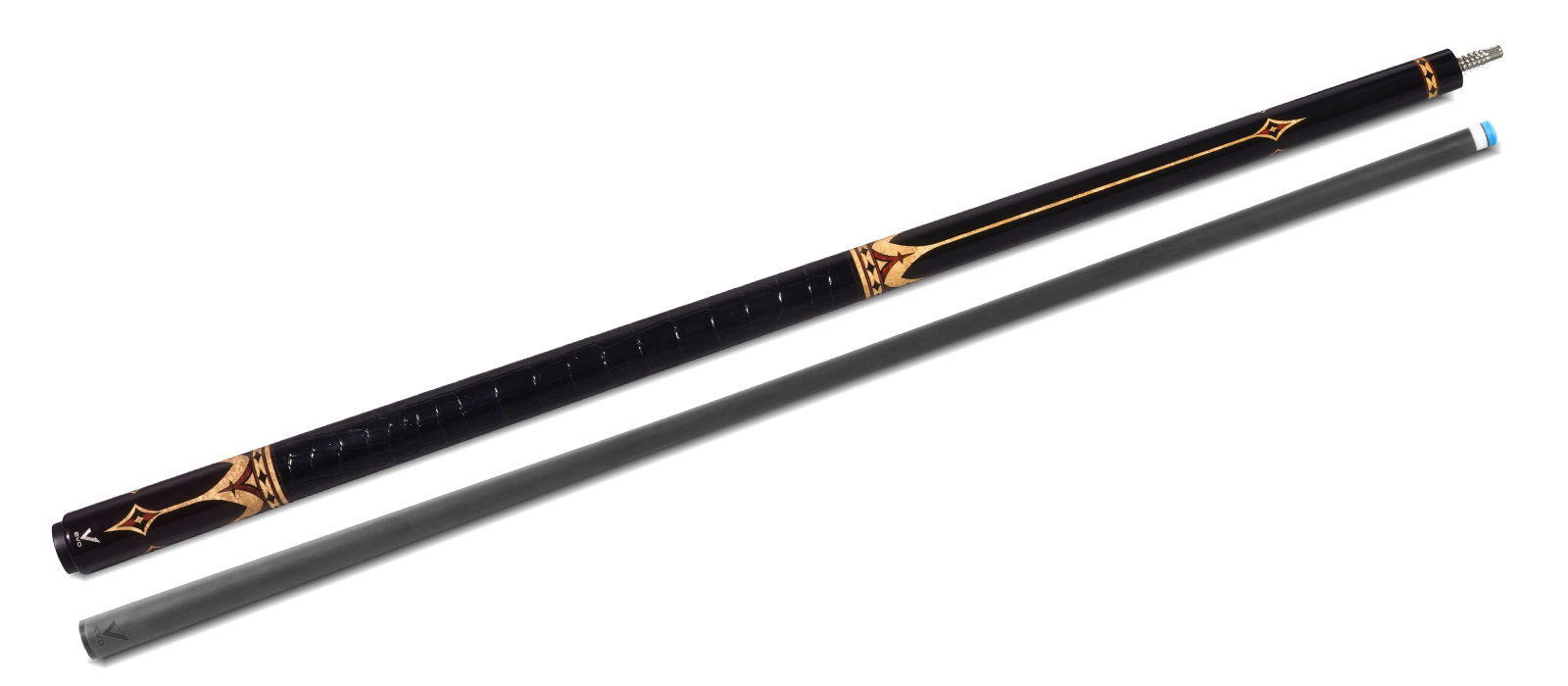 EVO CROWN POOL CUE - ROYAL BLACK - BLACK LEATHER WRAP - Desktop Image