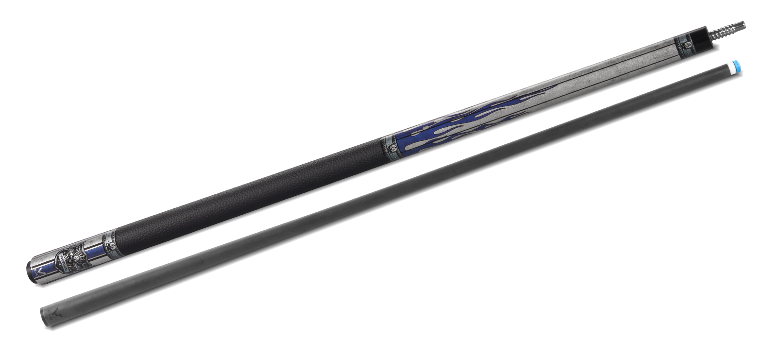 EVO FREEDOM POOL CUE - AZURE FLAME - BLACK LEATHER WRAP - Desktop Image