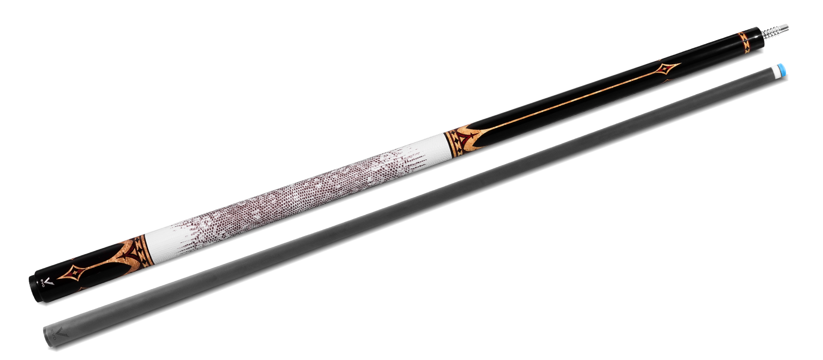 EVO CROWN POOL CUE - ROYAL BLACK - WHITE LEATHER WRAP - Desktop Image