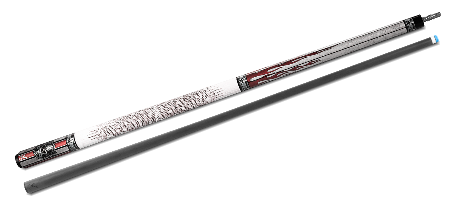 EVO FREEDOM POOL CUE - CRIMSON FLAME - WHITE LEATHER WRAP - Desktop Image
