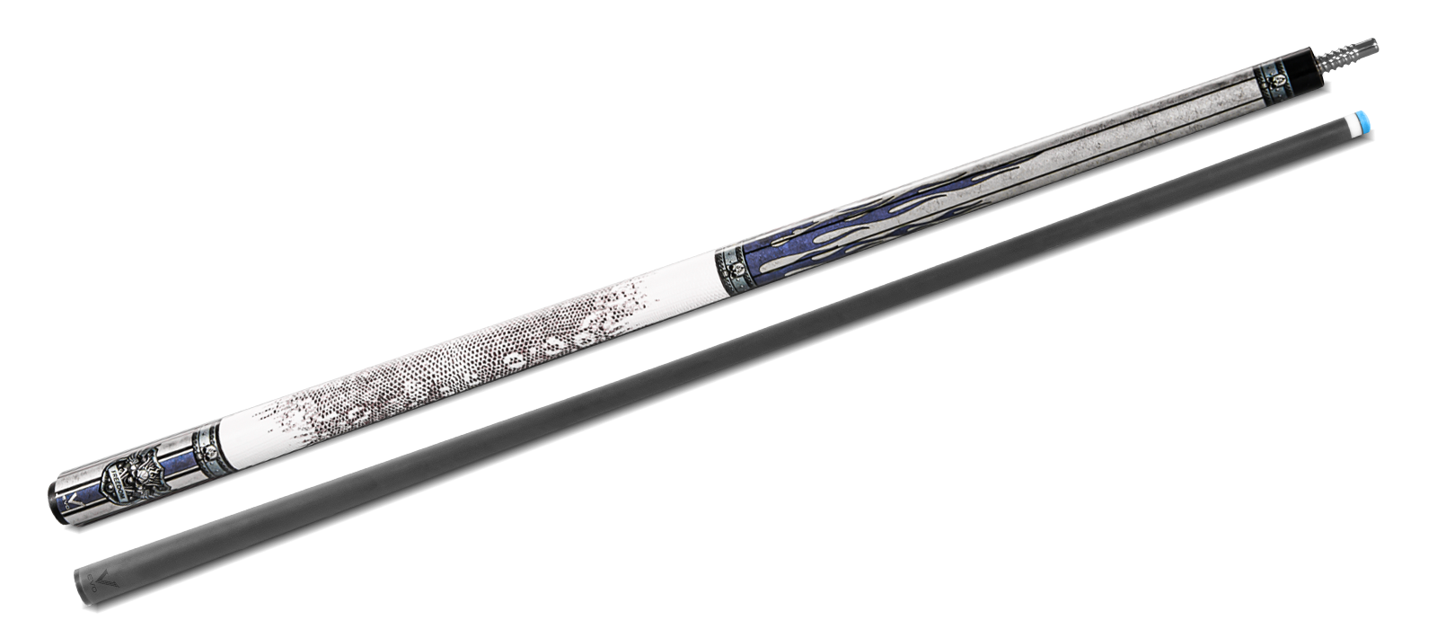 EVO FREEDOM POOL CUE - AZURE FLAME - WHITE LEATHER WRAP - Desktop Image