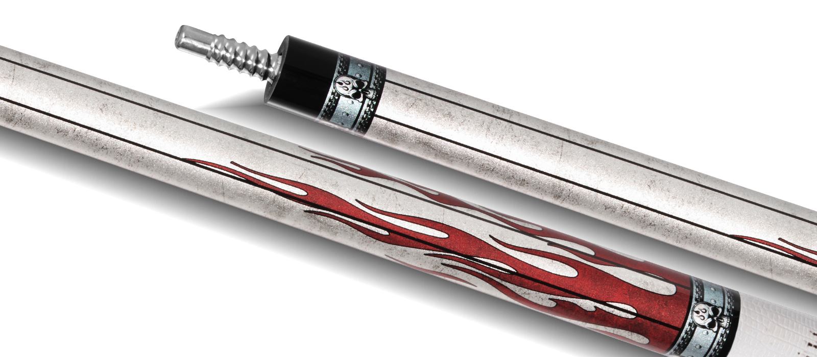 EVO FREEDOM POOL CUE - CRIMSON FLAME - WHITE LEATHER WRAP - Desktop Image