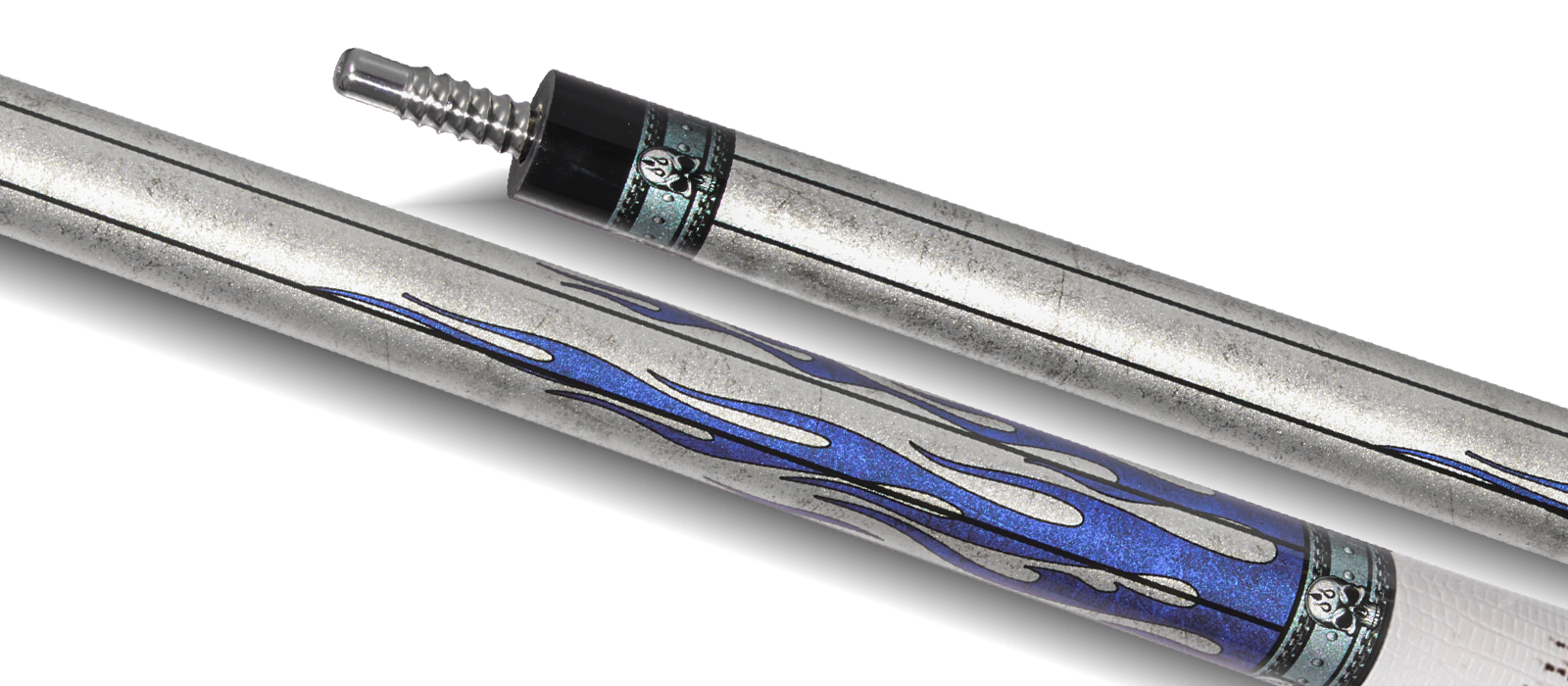 EVO FREEDOM POOL CUE - AZURE FLAME - WHITE LEATHER WRAP - Desktop Image
